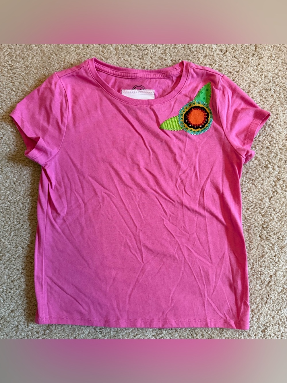 Girls' Bright Pink Short-Sleeve Tee with Colorful Appliqué